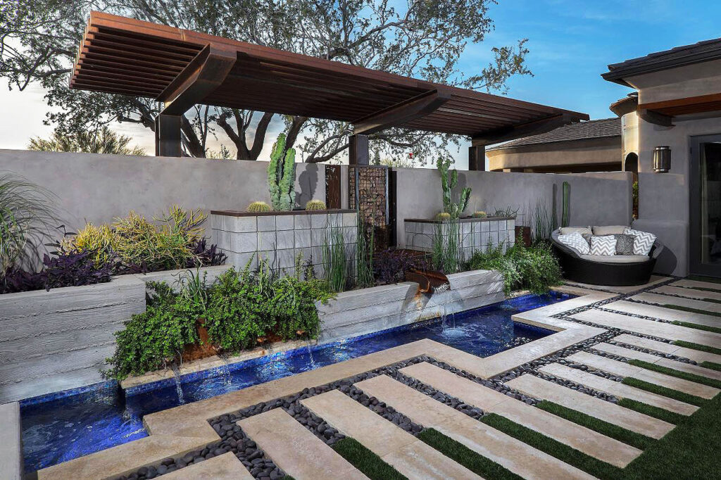 Modern-Backyard-Planters-Water-Feature-and-Path