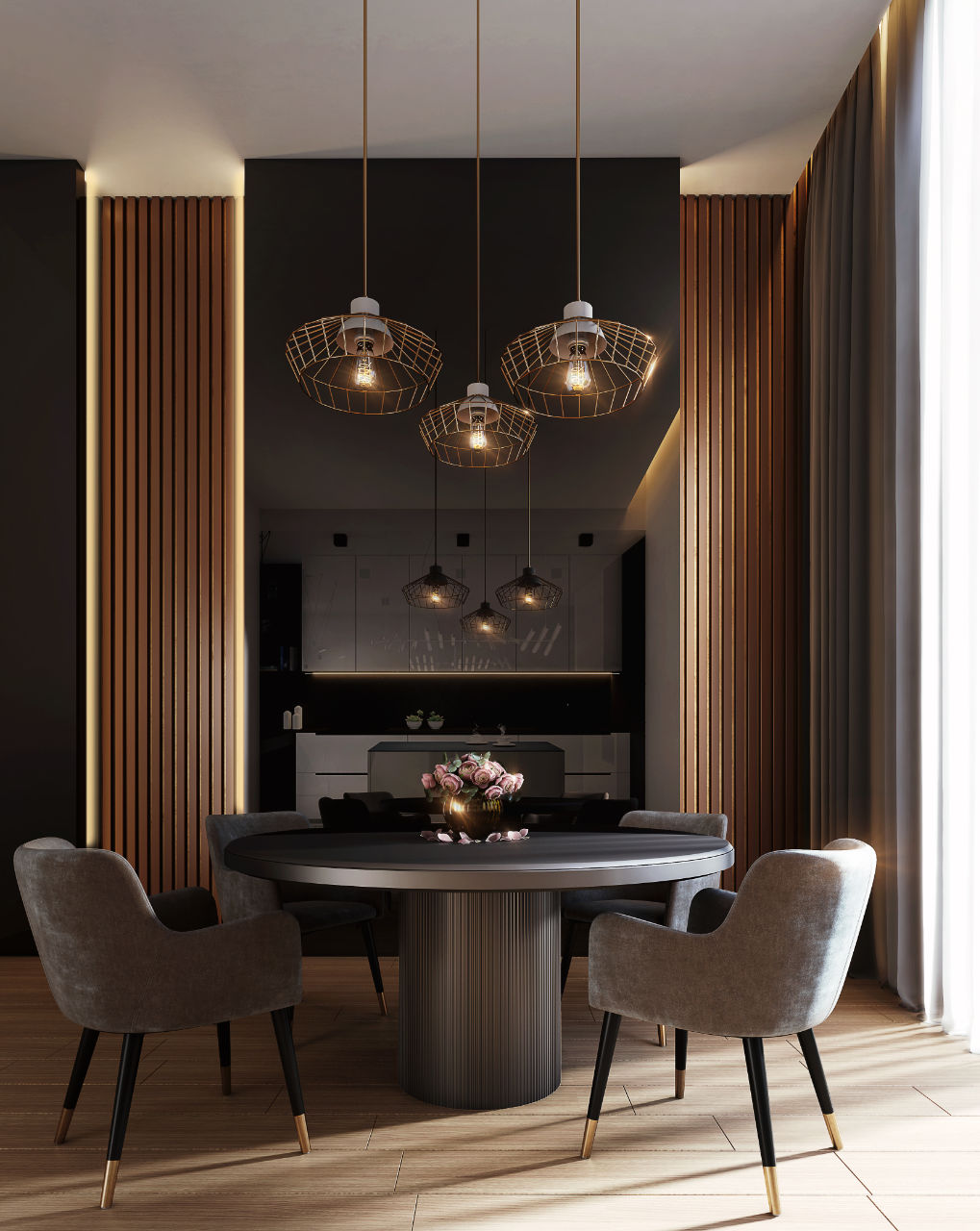 Kitchen and Dining Room with Gray Table under Pendant Lamps